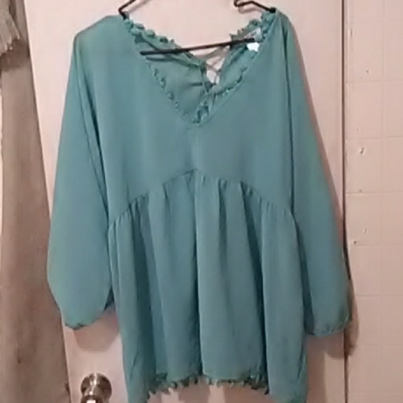 Blue-Green V Neck Semisheer fringed top - Picture 6 of 8
